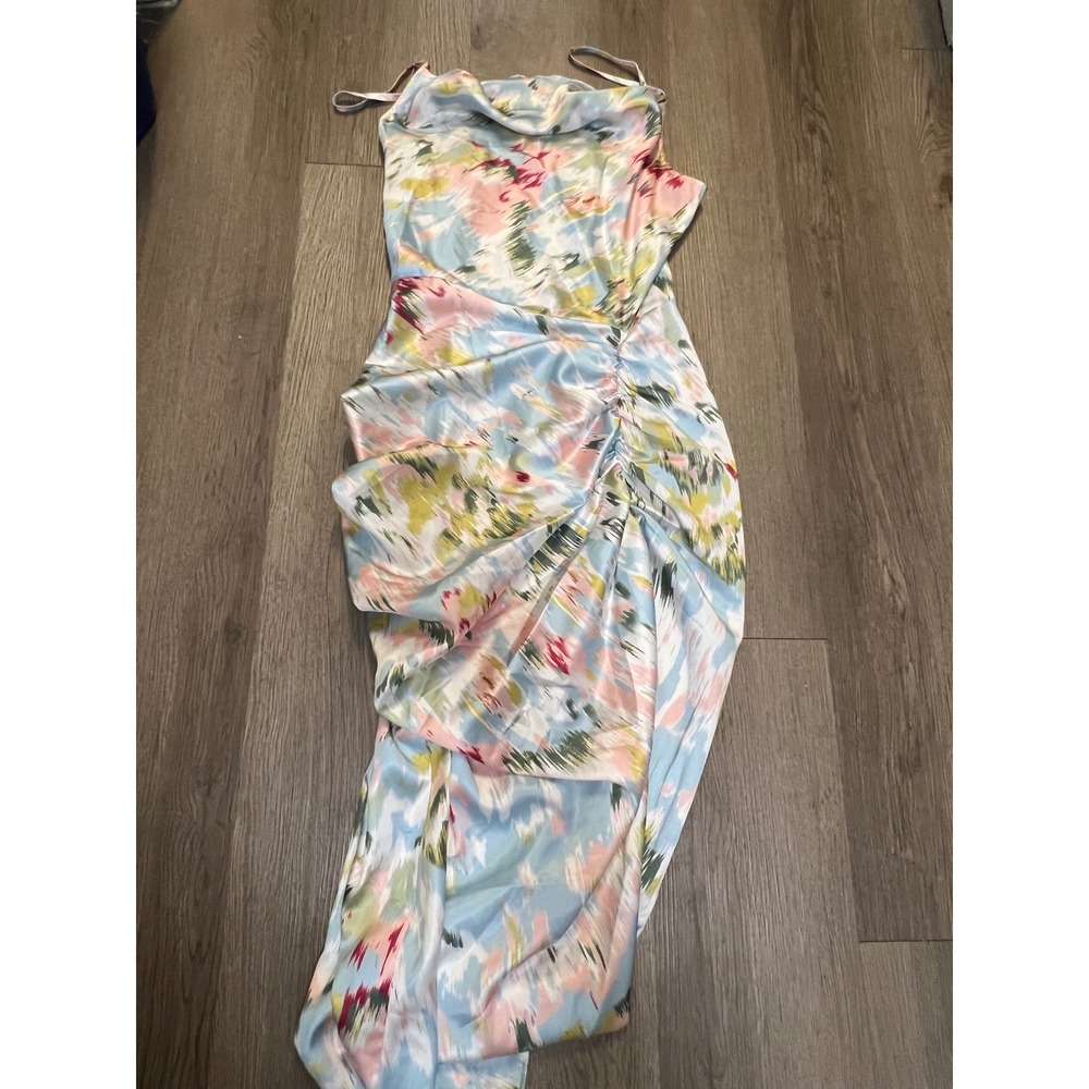 Cider Closet Happy Hour Satin Cowl Neck Ruched Midi Dress Multi Color Small